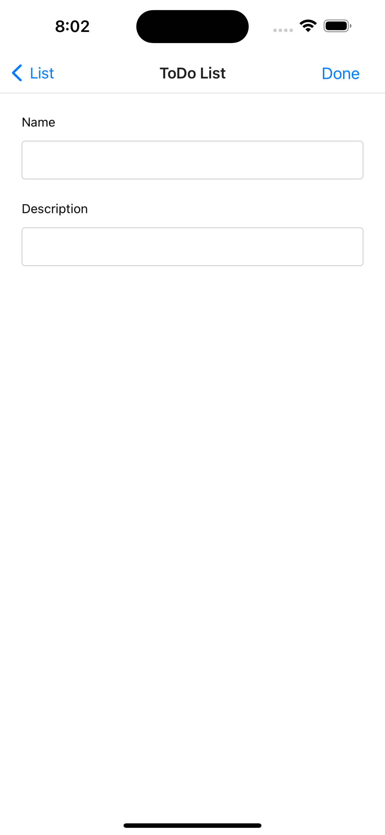 Screen of the Add ToDo screen