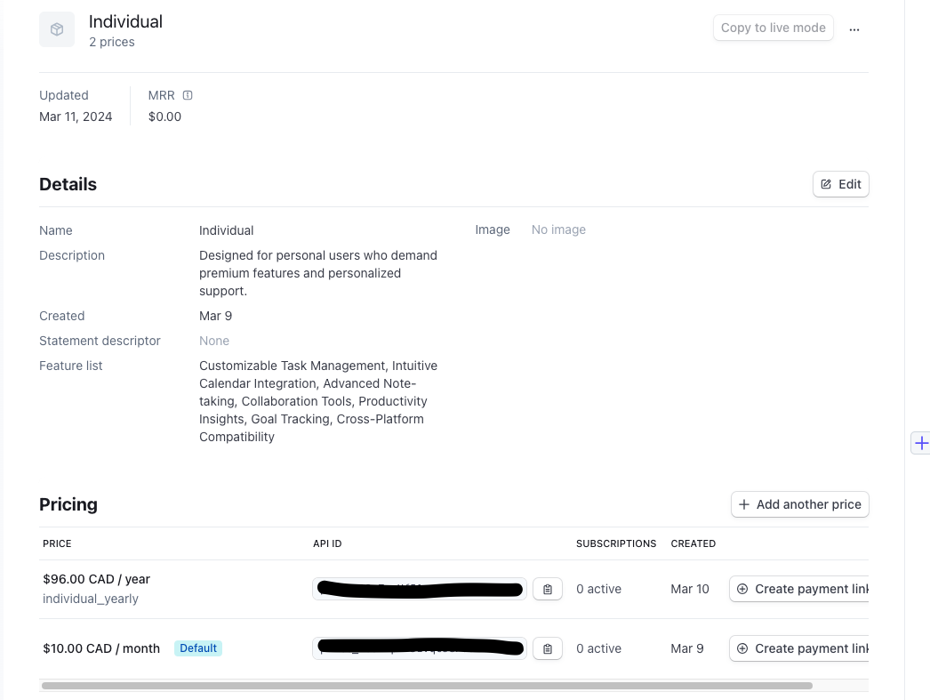 A Stripe product with monthly and yearly recurring prices